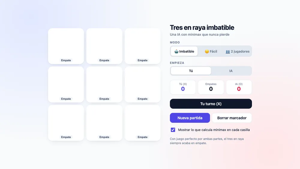 Captura de pantalla del proyecto Tres en raya imbatible