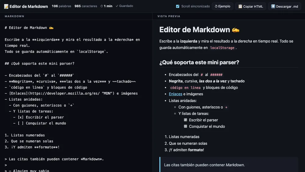 Captura de pantalla del proyecto Editor de Markdown