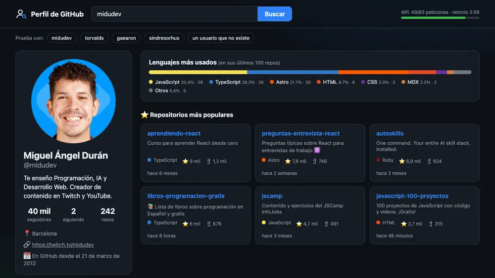 Captura de pantalla del proyecto Perfil de GitHub