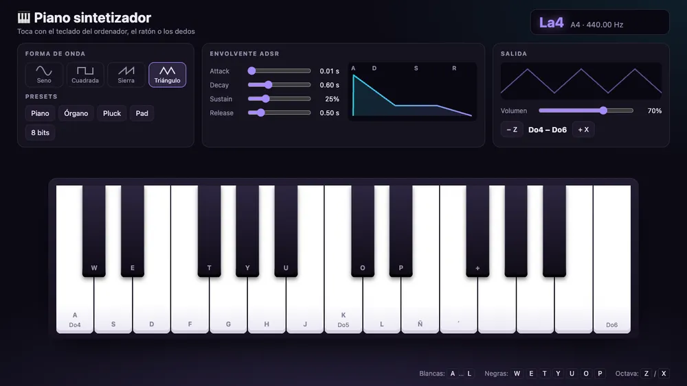 Captura de pantalla del proyecto Piano sintetizador