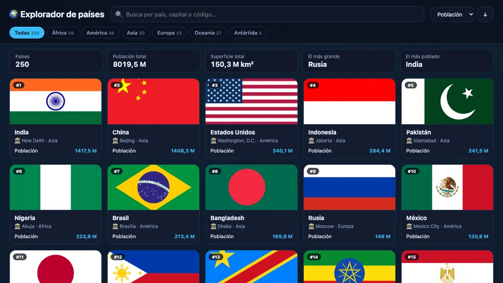 Captura de pantalla del proyecto Explorador de países