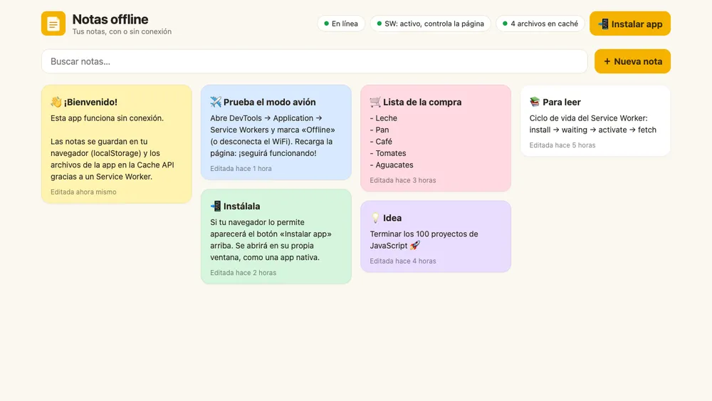 Captura de pantalla del proyecto Notas offline (PWA)