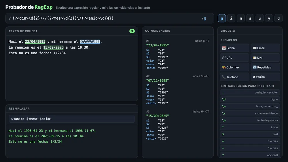 Captura de pantalla del proyecto Probador de RegExp