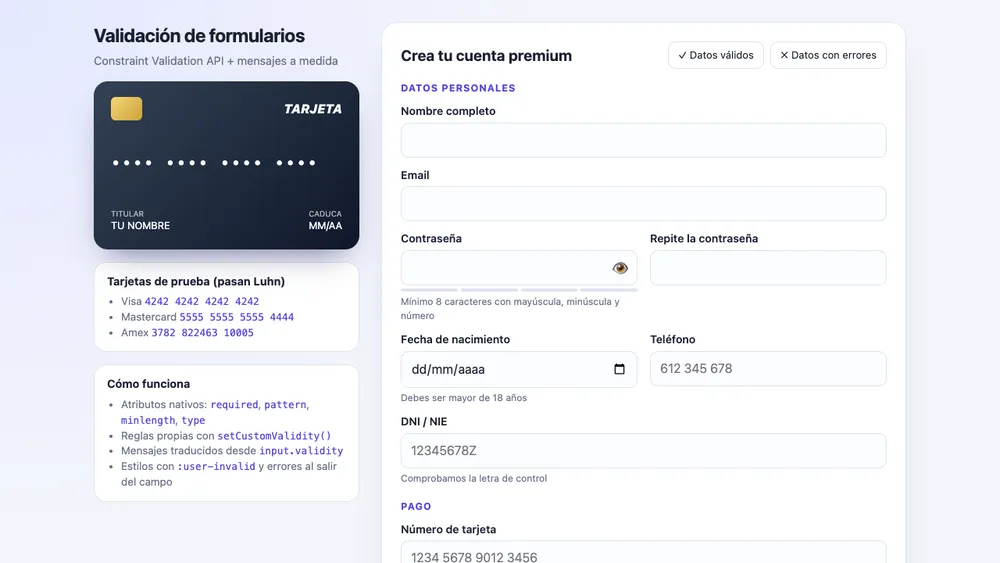 Captura de pantalla del proyecto Validación de formularios