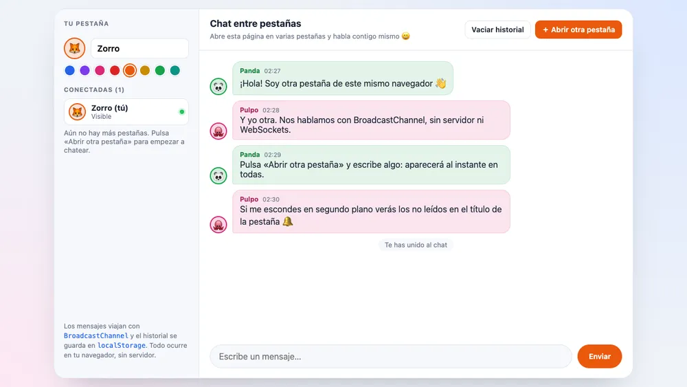Captura de pantalla del proyecto Chat entre pestañas