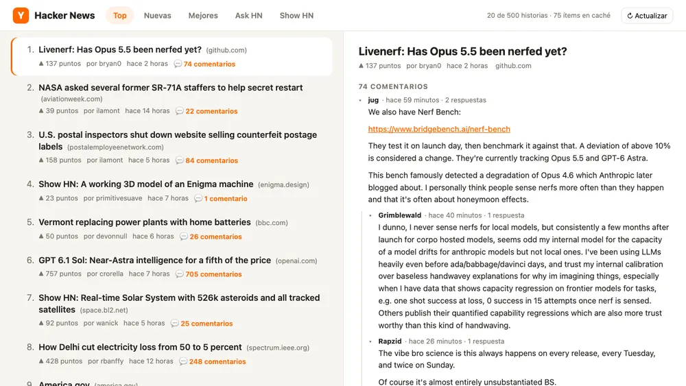 Captura de pantalla del proyecto Lector de Hacker News