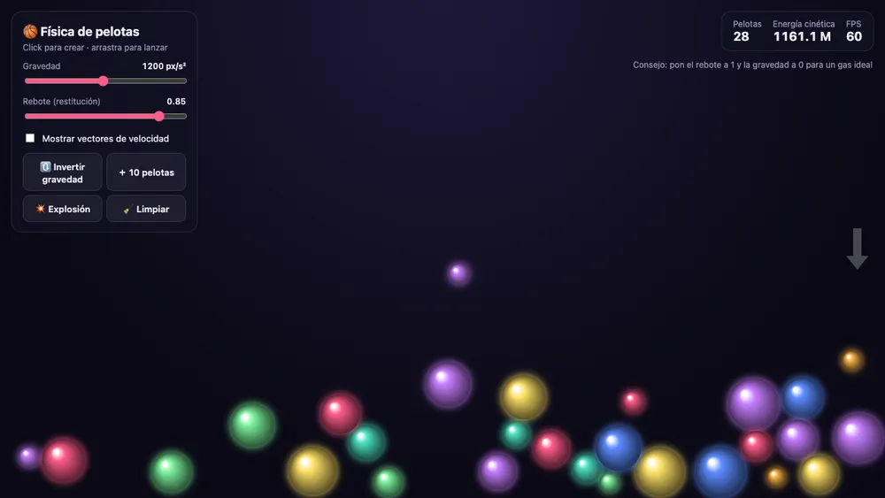 Captura de pantalla del proyecto Física de pelotas