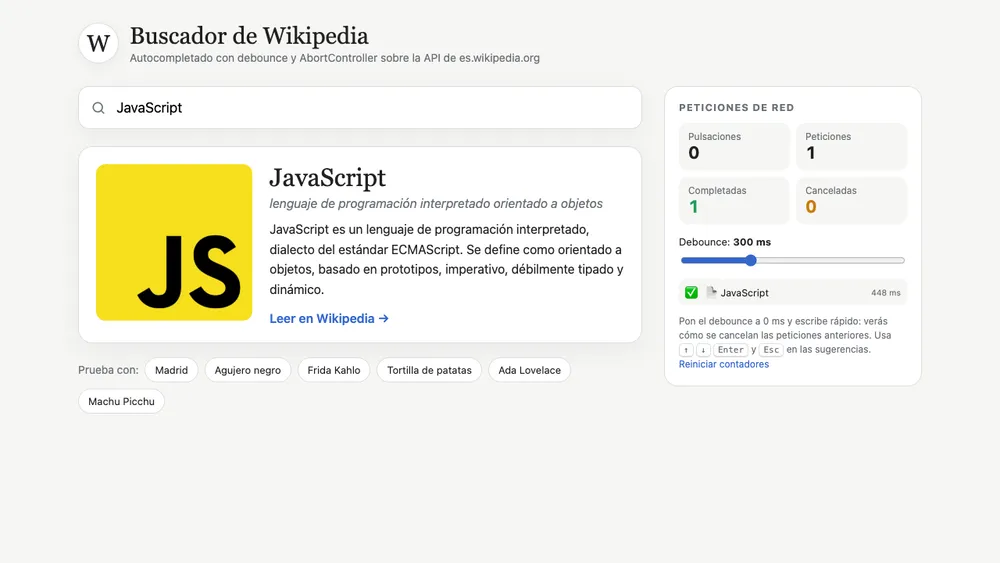 Captura de pantalla del proyecto Buscador de Wikipedia