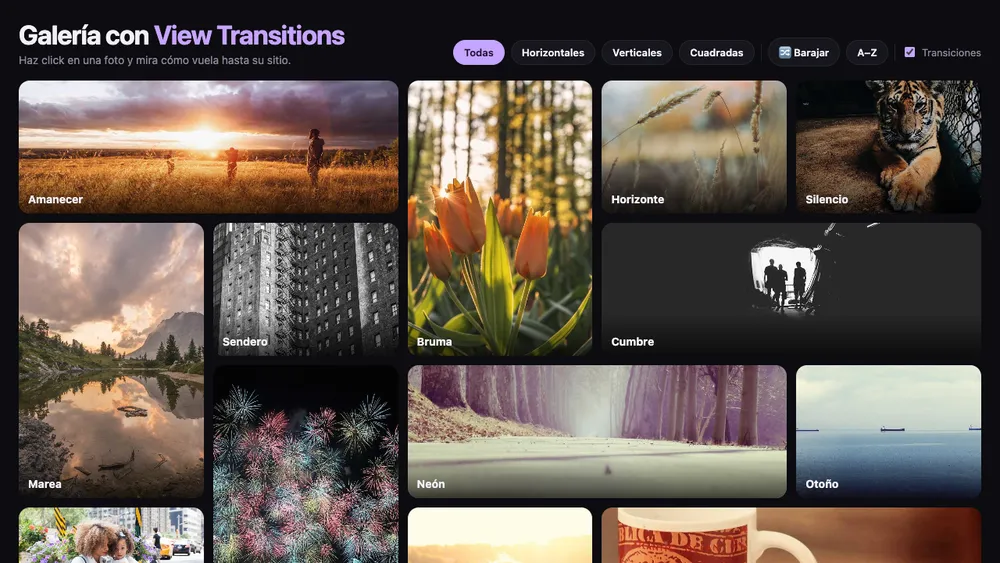 Captura de pantalla del proyecto Galería con View Transitions