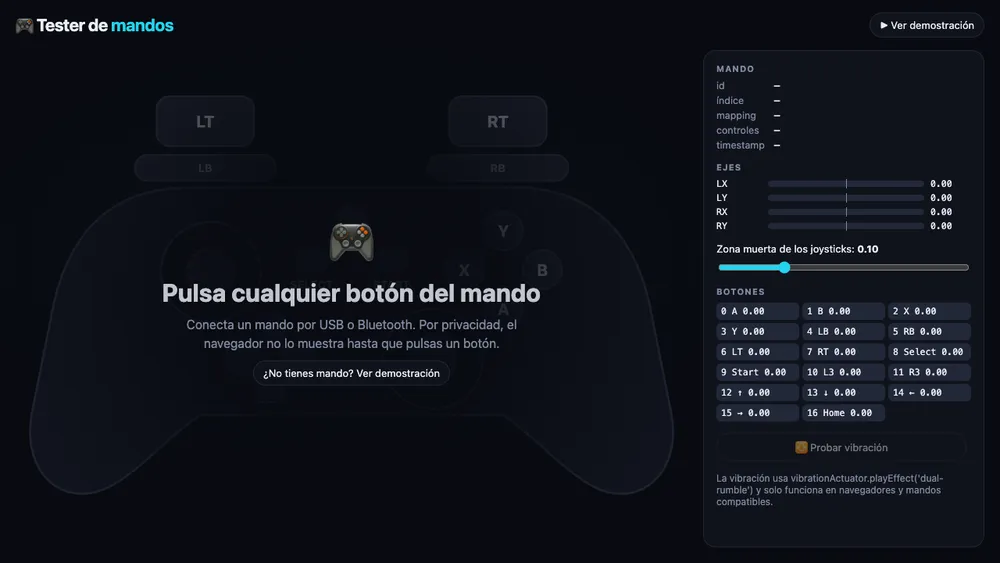 Captura de pantalla del proyecto Tester de mandos